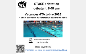 STAGE NATATION DÉBUTANT 6-10 ANS - Vacances d'Octobre 2026